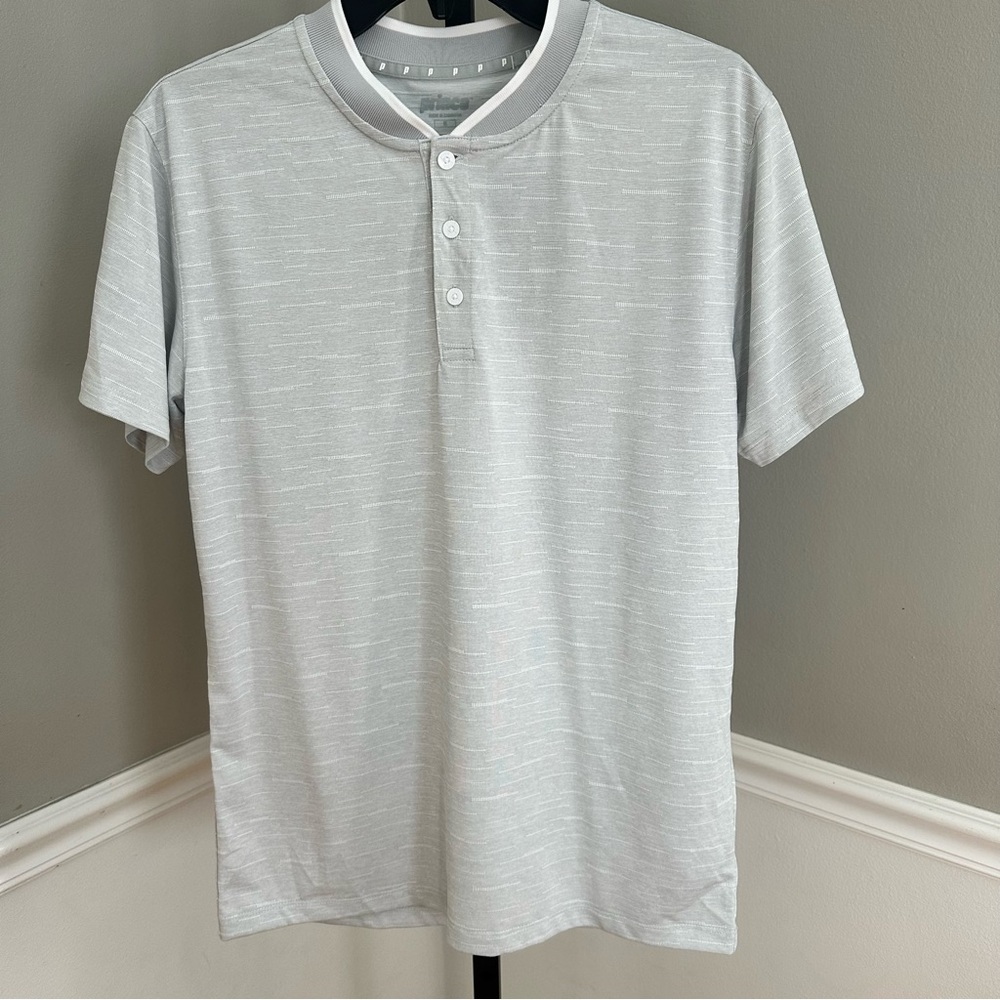 NWT Prince polo, tapered collar, men's Small, light gray, polyester,‎ 3 button